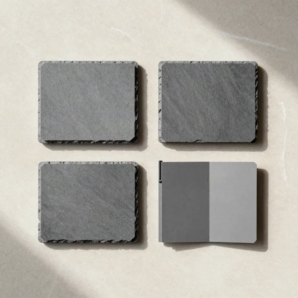 Overhead flatlay of four matte modules and a folded insert on pale stone.
