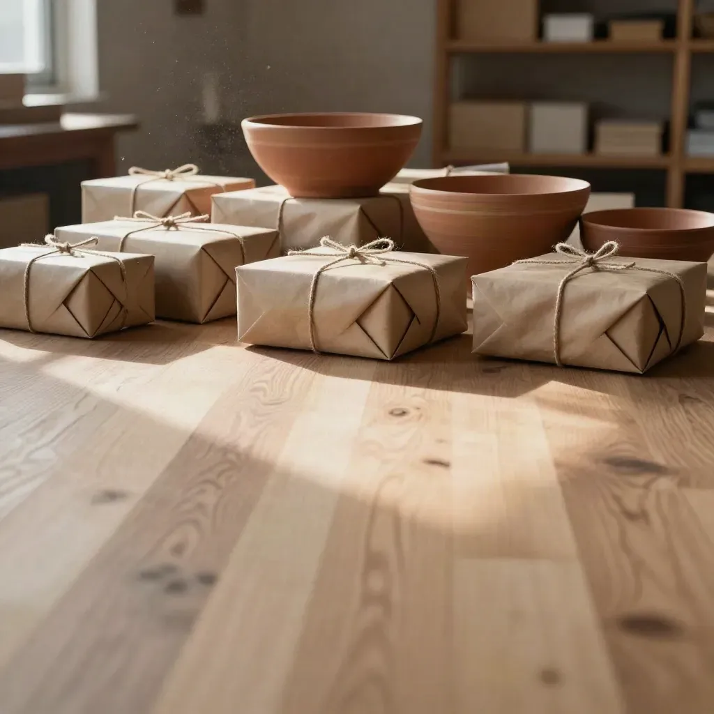 Sunlit oak worktable with parcels and clay bowls, warm warehouse loft, calm copy space above.